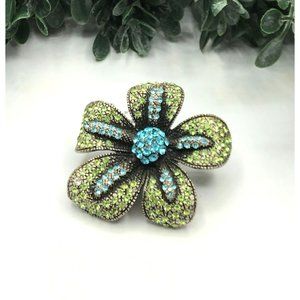 Vintage brooch silver tone green blue rhinestones flower shape